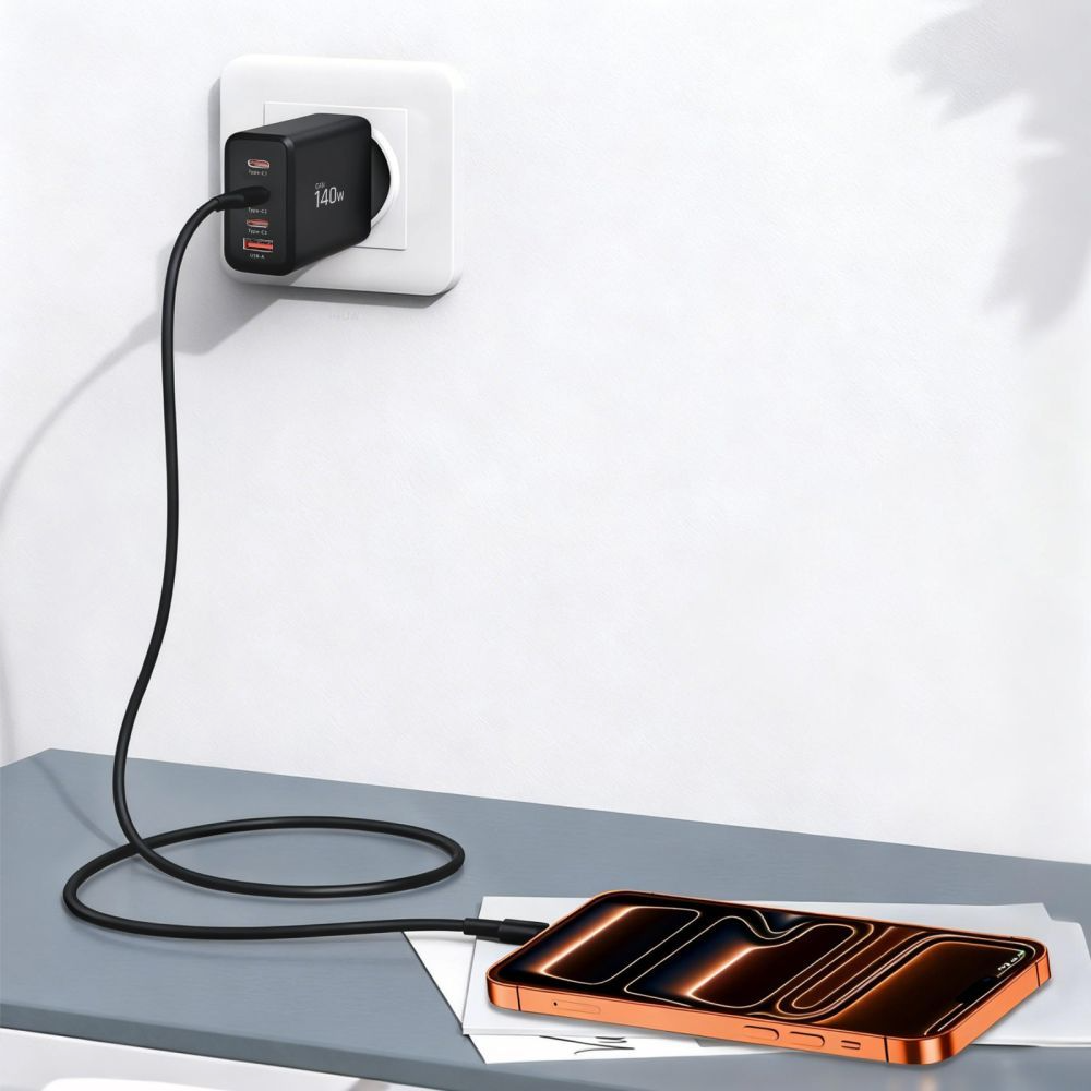 Tech-Protect NC140W-GAN Network Charger, 140W, 5A, 1 x USB-A - 3 x USB-C, Black