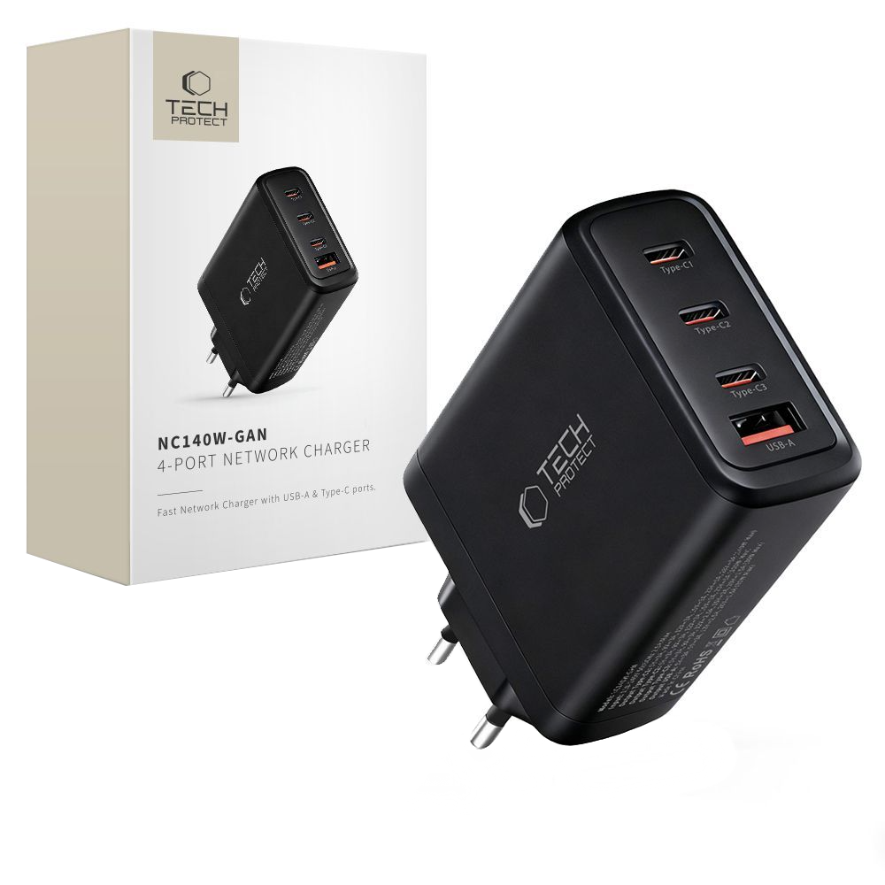 Tech-Protect NC140W-GAN Network Charger, 140W, 5A, 1 x USB-A - 3 x USB-C, Black