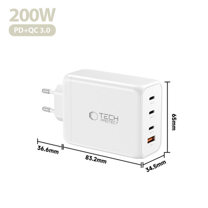 Tech-Protect NC200W-GAN Network Charger, 200W, 5A, 1 x USB-A - 3 x USB-C, White
