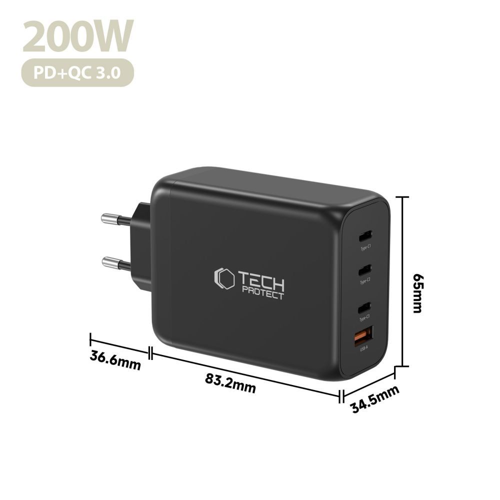 Tech-Protect NC200W-GAN Network Charger, 200W, 5A, 1 x USB-A - 3 x USB-C, Black