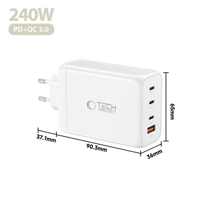 Tech-Protect NC240W-GAN Network Charger, 240W, 5A, 1 x USB-A - 3 x USB-C, White