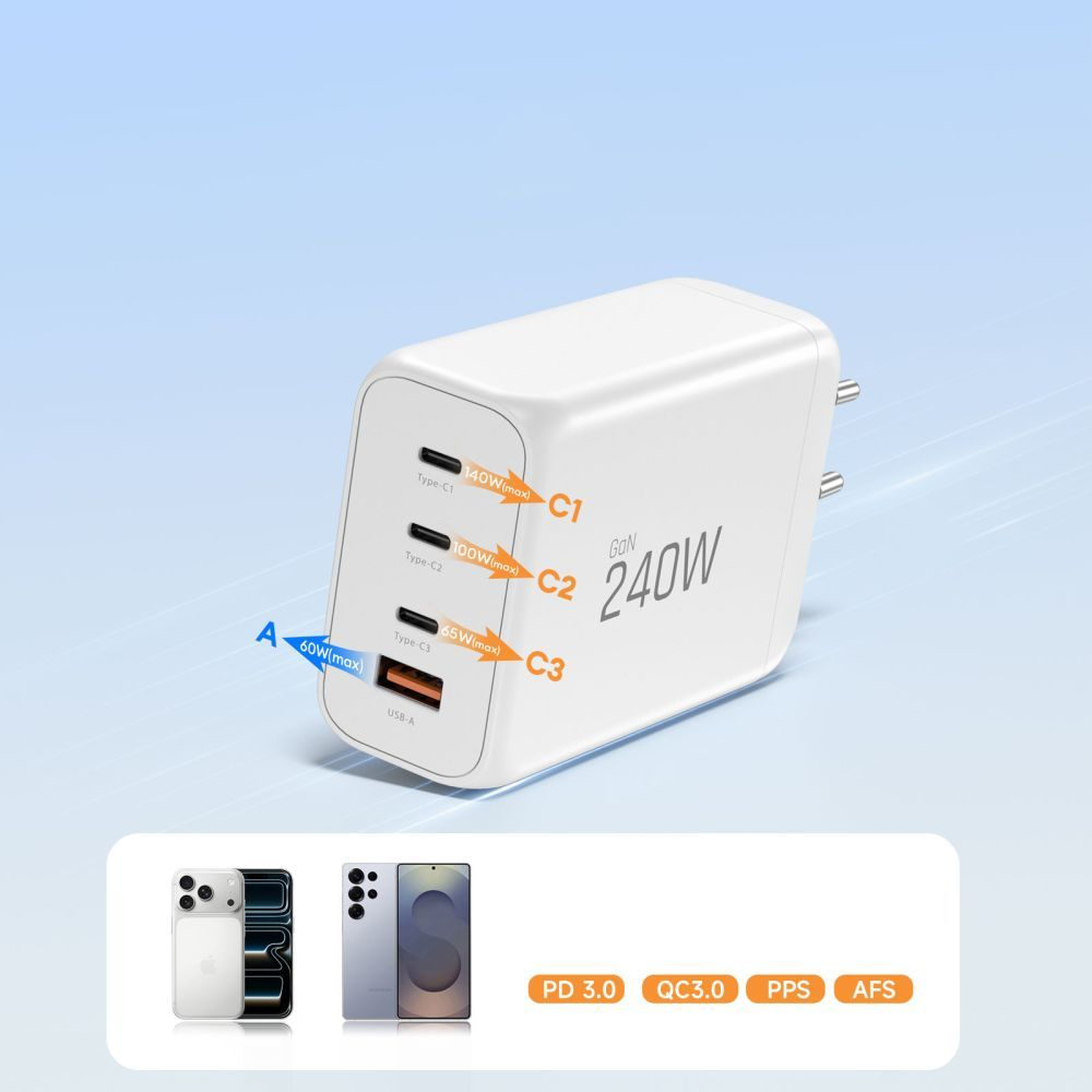 Tech-Protect NC240W-GAN Network Charger, 240W, 5A, 1 x USB-A - 3 x USB-C, White