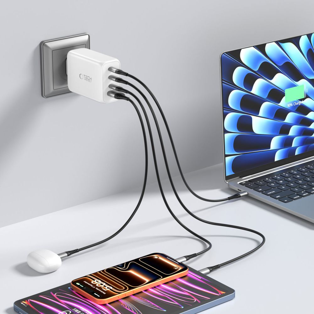 Tech-Protect NC240W-GAN Network Charger, 240W, 5A, 1 x USB-A - 3 x USB-C, White