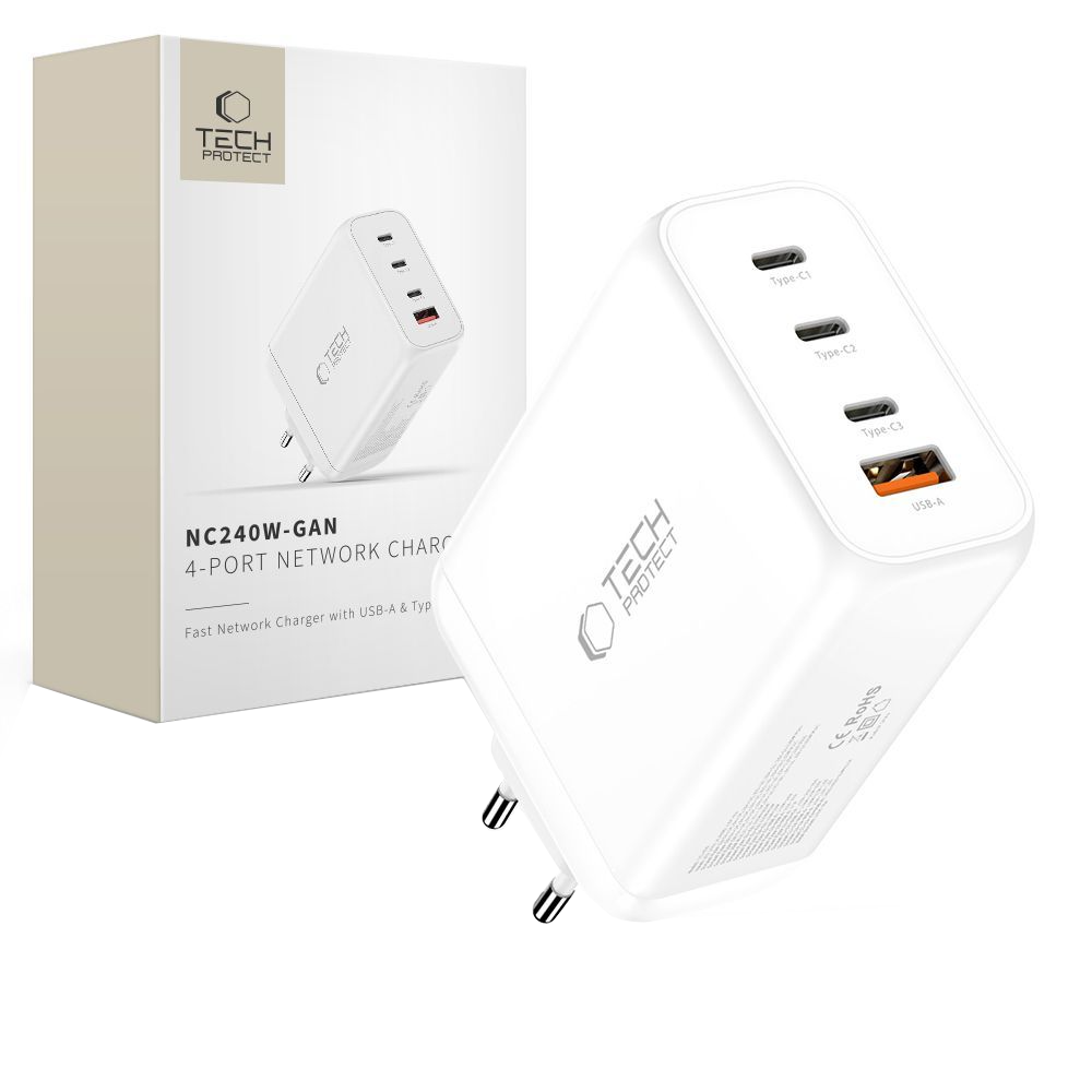 Tech-Protect NC240W-GAN Network Charger, 240W, 5A, 1 x USB-A - 3 x USB-C, White