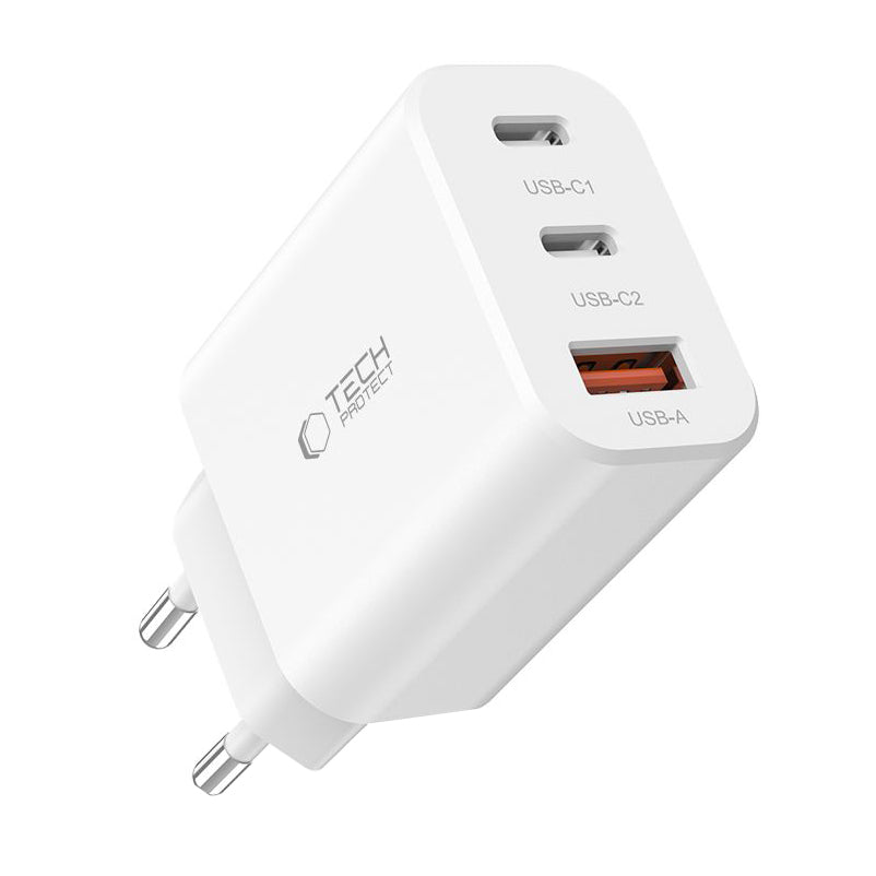 Network Charger Tech-Protect NC30W, 30W, 3A, 1 x USB-A - 2 x USB-C, White 