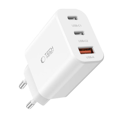 Network Charger Tech-Protect NC30W, 30W, 3A, 1 x USB-A - 2 x USB-C, White 