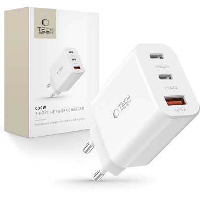 Network Charger Tech-Protect NC30W, 30W, 3A, 1 x USB-A - 2 x USB-C, White 