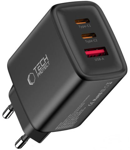 Tech-Protect NCA65W Network Charger, 65W, 3A, 1 x USB-A - 2 x USB-C, Black