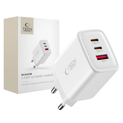 Tech-Protect NCA65W Network Charger, 65W, 3A, 1 x USB-A - 2 x USB-C, White