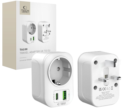 Tech-Protect TA100 Travel UK Network Charger, 20W, 3A, 1 x Schuko - 1 x USB-A - 1 x USB-C, White