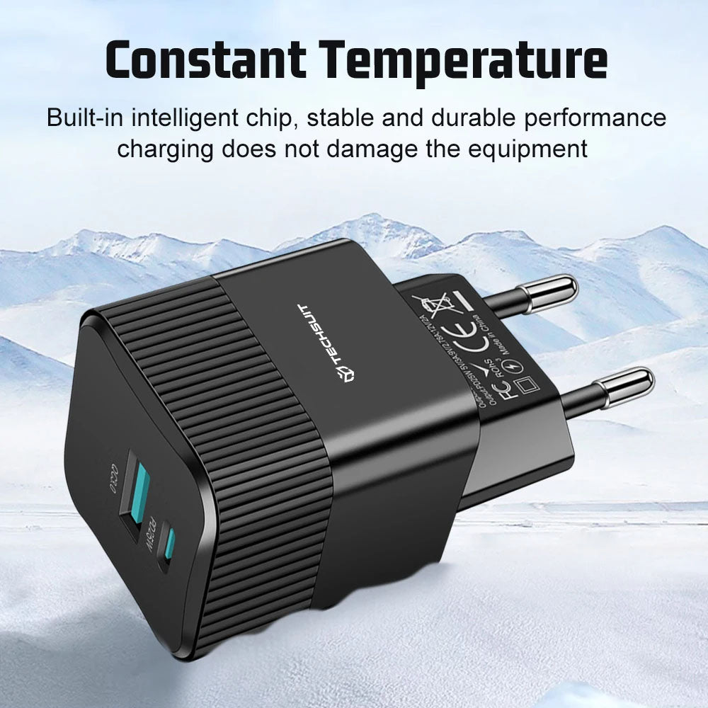 Techsuit CHPD216 Tiny Network Charger, 25W, 3A, 1 x USB-A - 1 x USB-C, White