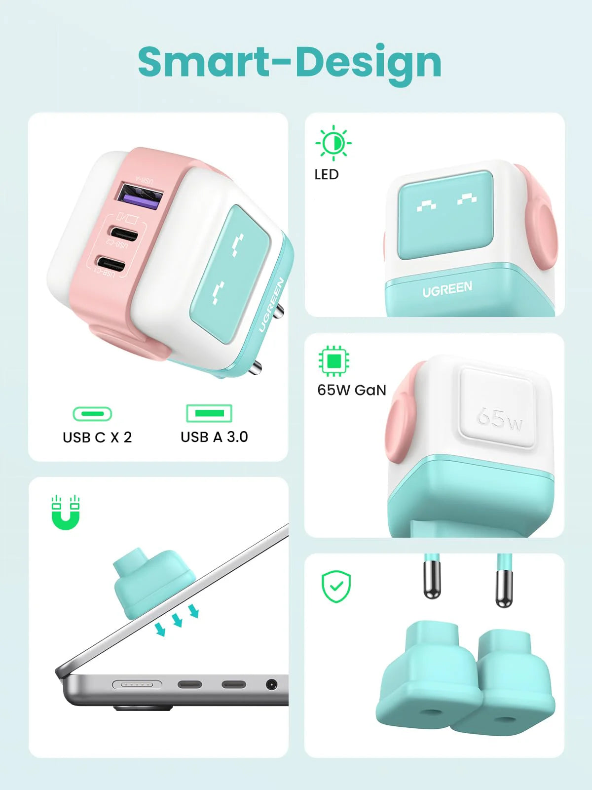 Network Charger UGREEN CD361 Uno, 65W, 3.25A, 1 x USB-A - 2 x USB-C, Turquoise