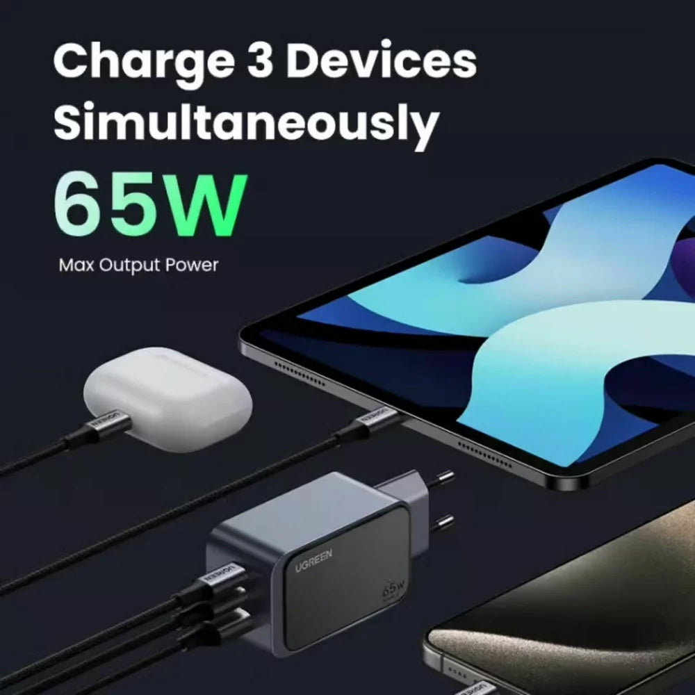 Network Charger UGREEN X553 Nexode Pro, 65W, 3A, 1 x USB-A - 2 x USB-C, Grey 
