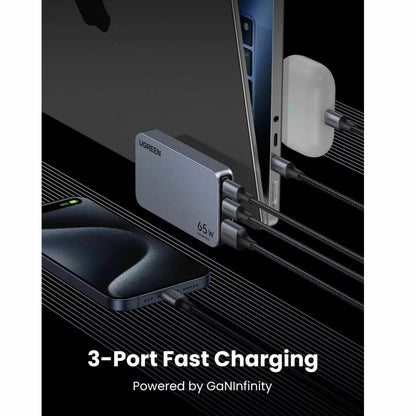 Network Charger UGREEN X753 Nexode Pro, 65W, 3A, 1 x USB-A - 2 x USB-C, Grey 