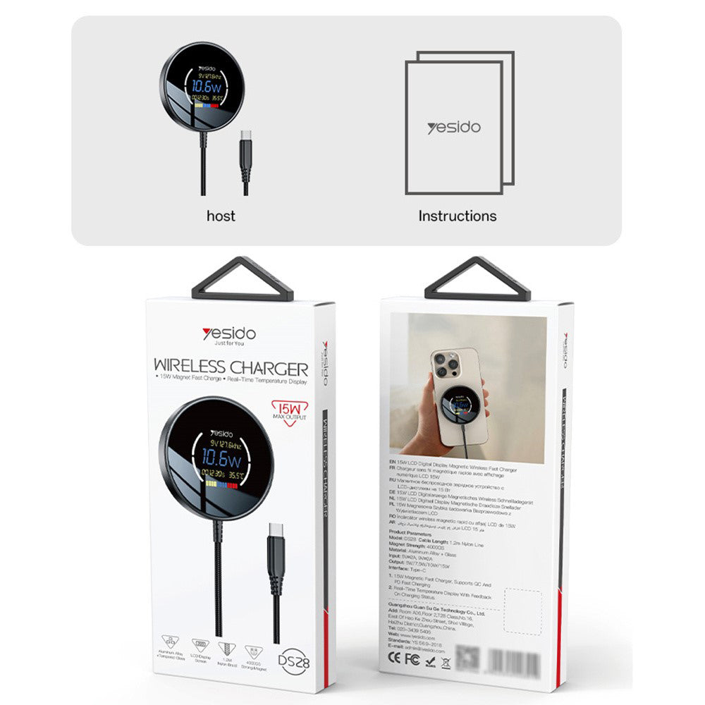 Yesido DS28 Display Wireless Network Charger, 15W, 1.67A, Black
