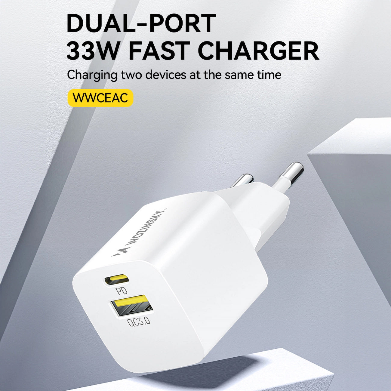WZK WWCEAC Network Charger, 33W, 3A, 1 x USB-A - 1 x USB-C, White