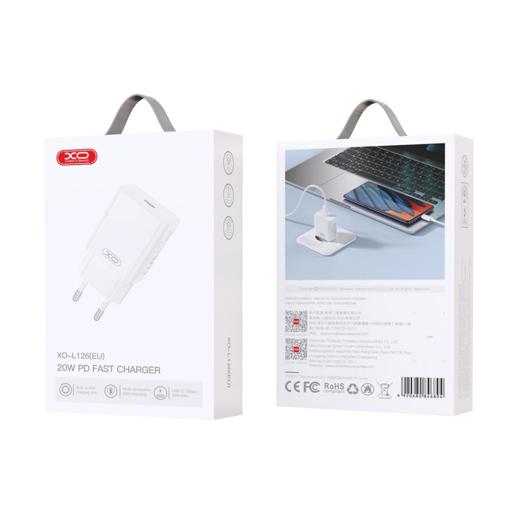 XO Design L126 Network Charger, 20W, 3A, 1 x USB-C, White