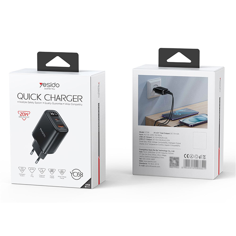 Yesido YC68 Network Charger, 20W Display, 3A, 1 x USB-A - 1 x USB-C, Black