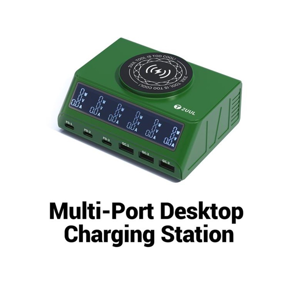 2UUL PC11 QI Station Charger, 110W, 3A, 3 x USB-A - 3 x USB-C, Green