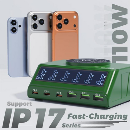 2UUL PC11 QI Station Charger, 110W, 3A, 3 x USB-A - 3 x USB-C, Green