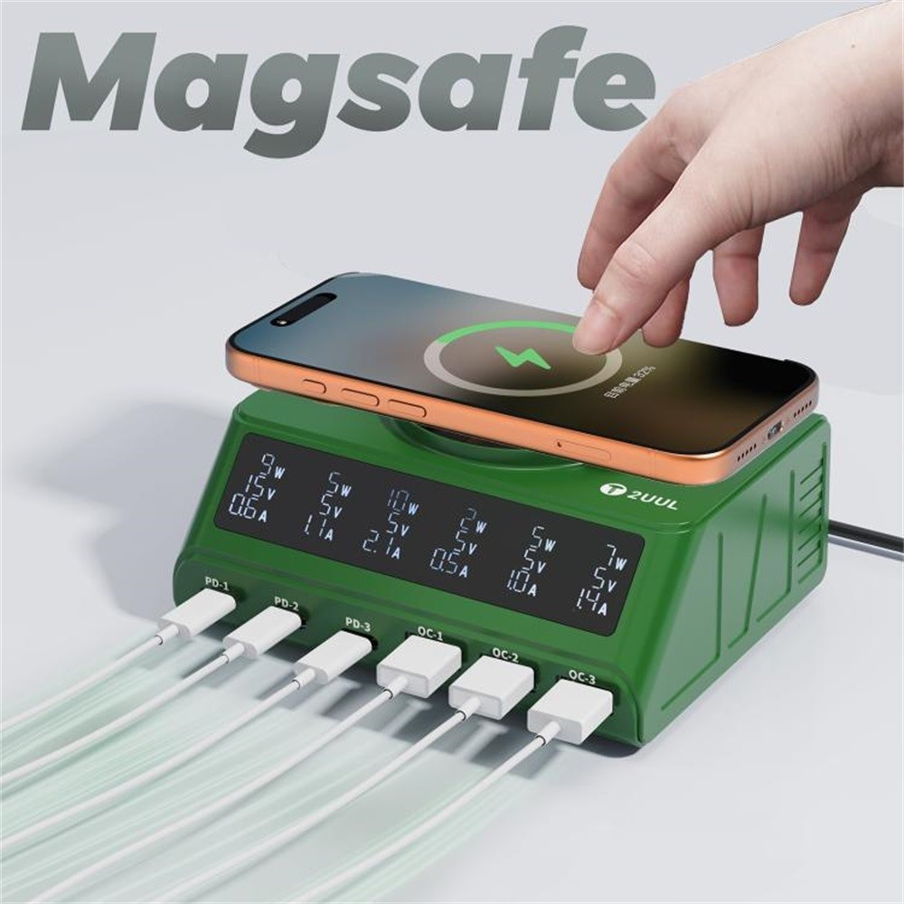 2UUL PC11 QI Station Charger, 110W, 3A, 3 x USB-A - 3 x USB-C, Green