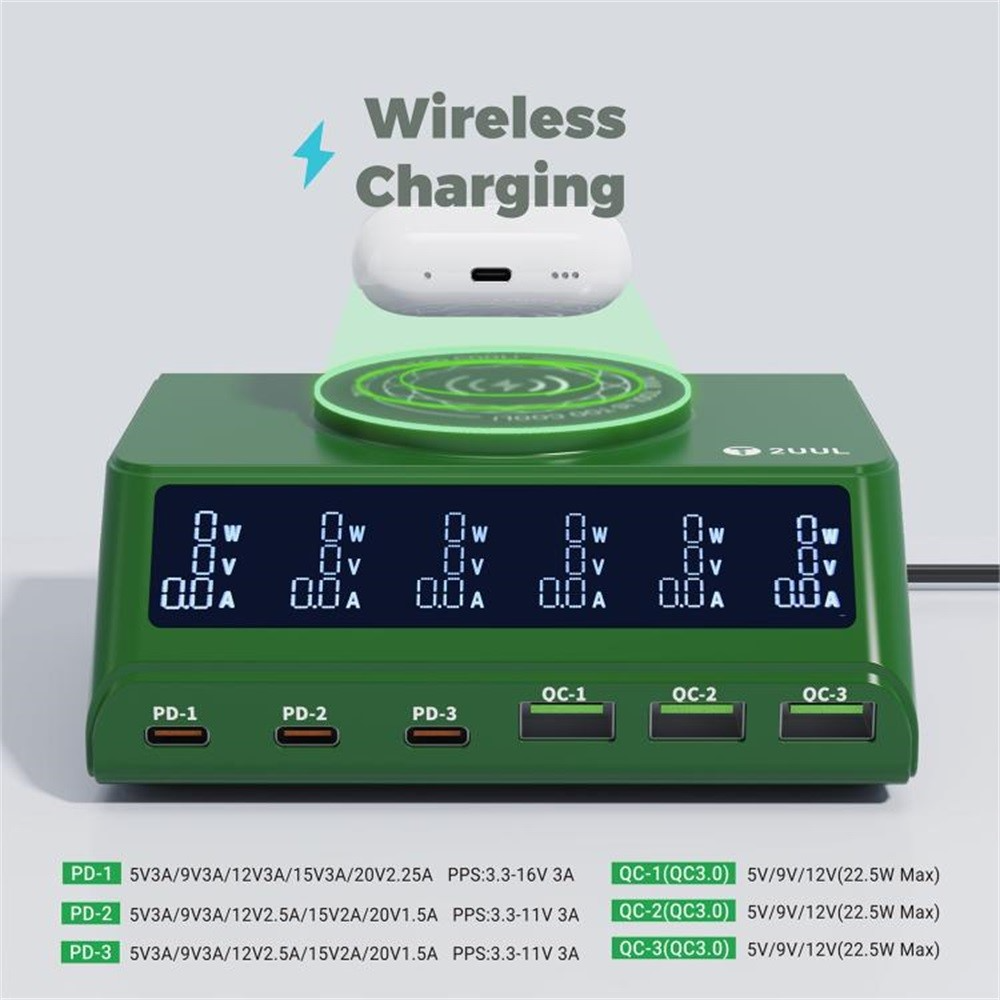 2UUL PC11 QI Station Charger, 110W, 3A, 3 x USB-A - 3 x USB-C, Green
