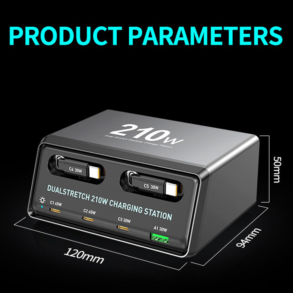Charging Station with USB-C Cable OEM WLX-60E, 210W, 3A, 1 x USB-A - 3 x USB-C, Gray