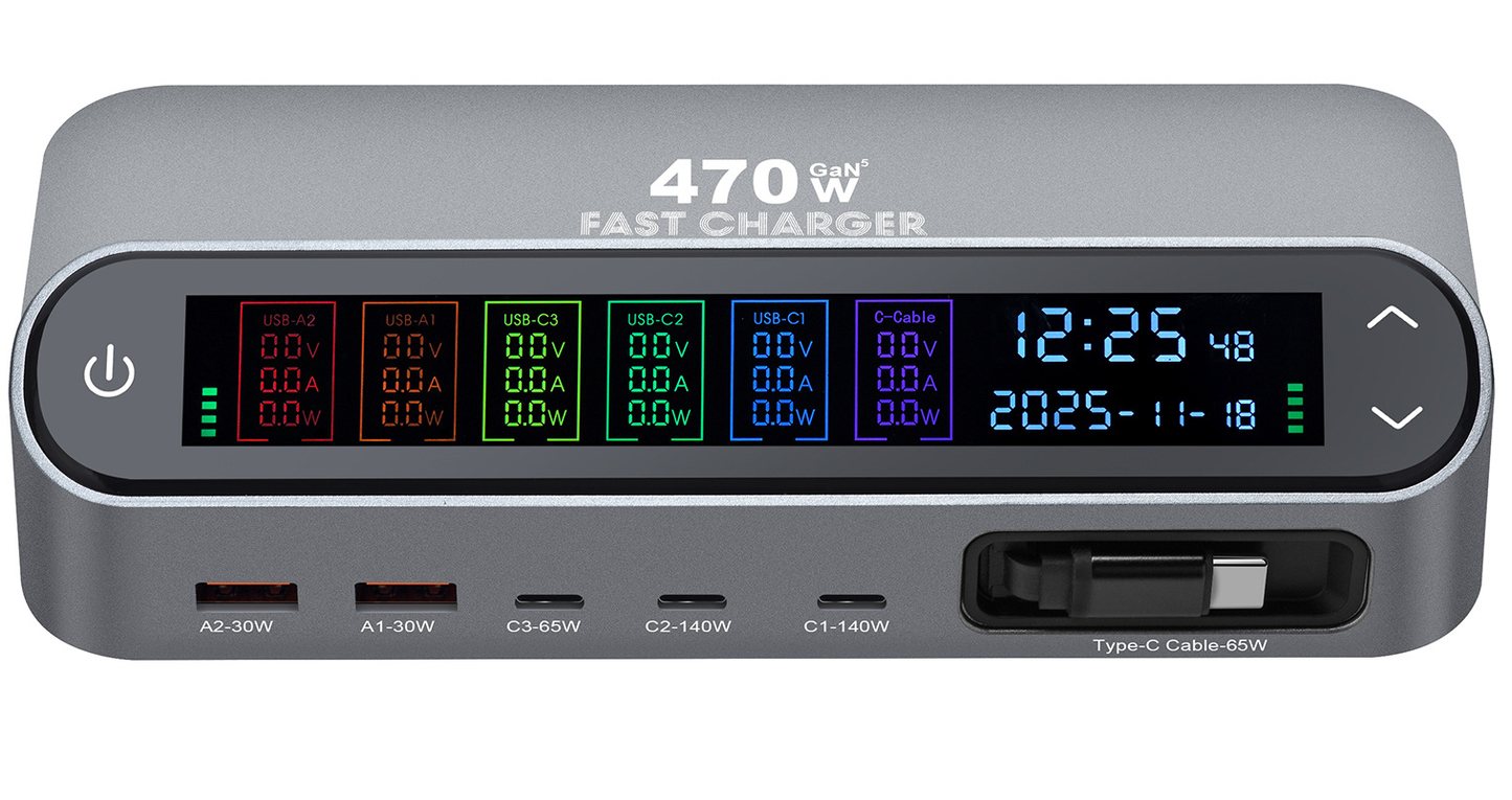 Station Charger With USB-C Cable OEM LCD470W, 470W, 5A, 2 x USB-A - 3 x USB-C, Gray
