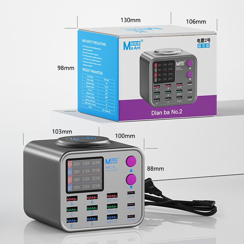 MaAnt DianBa No.2 QI Charging Station, 300W, 3A, 3 x USB-C - 9 x USB-A, Grey