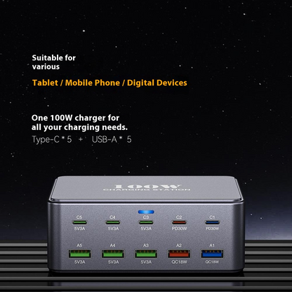 OEM HW33 Station Charger, 100W, 3A, 5 x USB-A - 5 x USB-C, Gray
