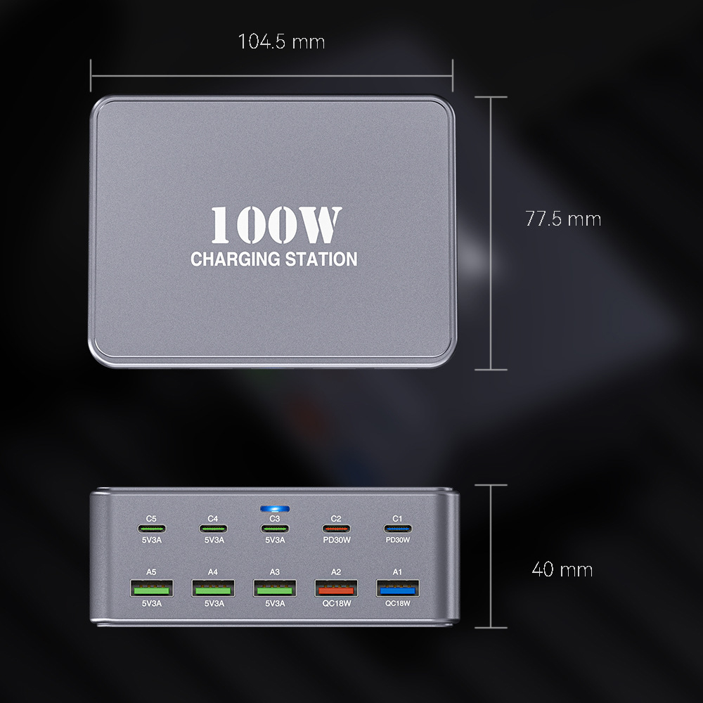 OEM HW33 Station Charger, 100W, 3A, 5 x USB-A - 5 x USB-C, Gray