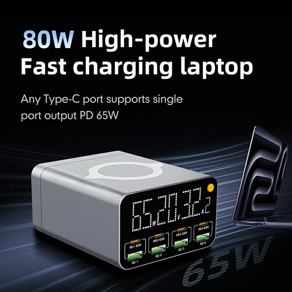 OEM WLX-M3 QI Station Charger, 80W, 4 x USB-A - 4 x USB-C, Gray