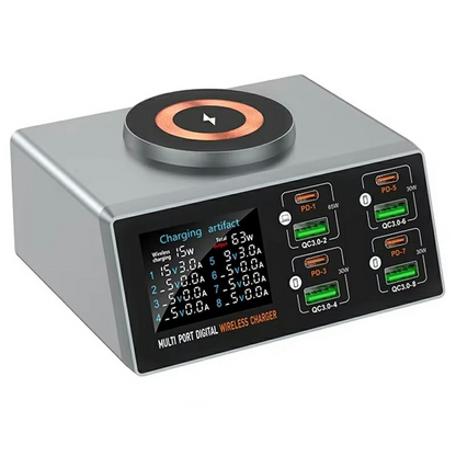 OEM WLX-X9S QI Station Charger, 140W, 3A, 4 x USB-A - 4 x USB-C, Silver