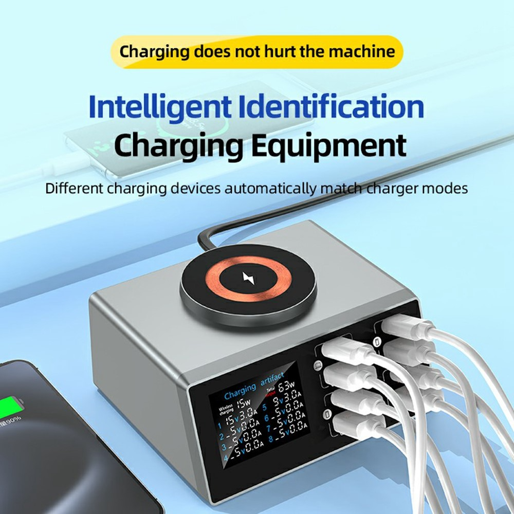 OEM WLX-X9S QI Station Charger, 140W, 3A, 4 x USB-A - 4 x USB-C, Silver