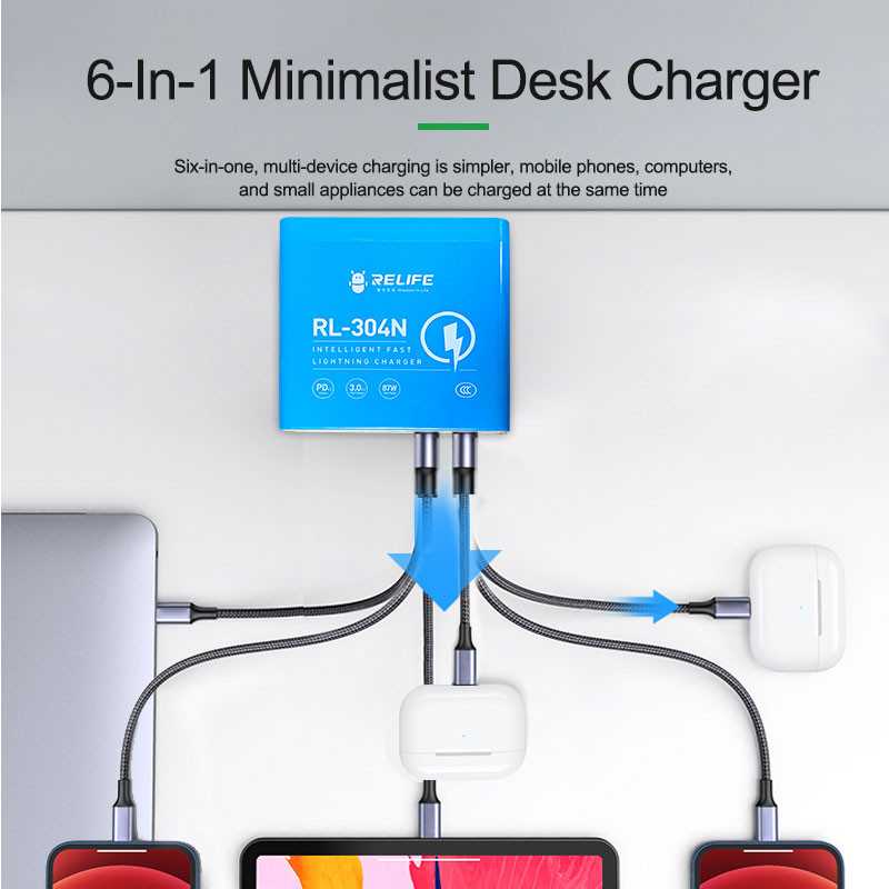 Relife RL-304N Charging Station, 87W, 3A, 2 x USB-C - 4 x USB-A, Blue