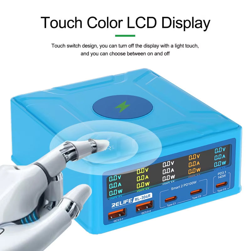 Relife RL-304R QI Charging Station, 260W, 3A, 2 x USB-A - 3 x USB-C, Blue