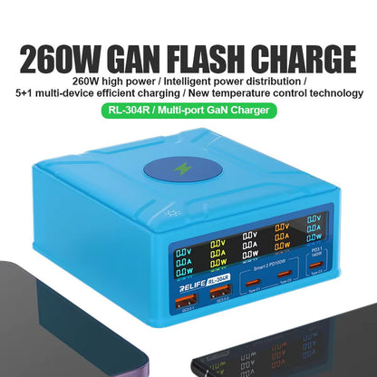 Relife RL-304R QI Charging Station, 260W, 3A, 2 x USB-A - 3 x USB-C, Blue