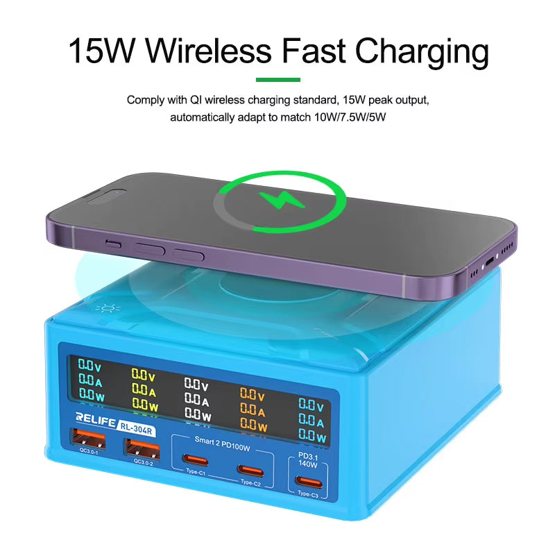 Relife RL-304R QI Charging Station, 260W, 3A, 2 x USB-A - 3 x USB-C, Blue