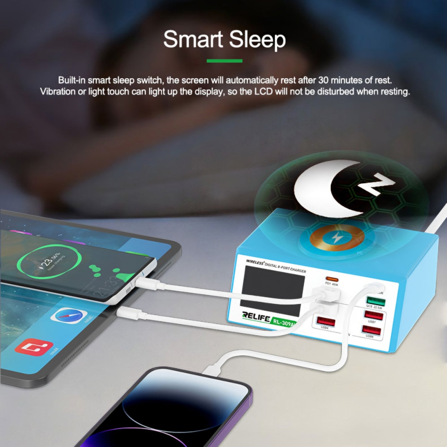 Relife RL-309AW Charging Station, 100W, 5A, 2 x USB-C - 6 x USB-A, Blue