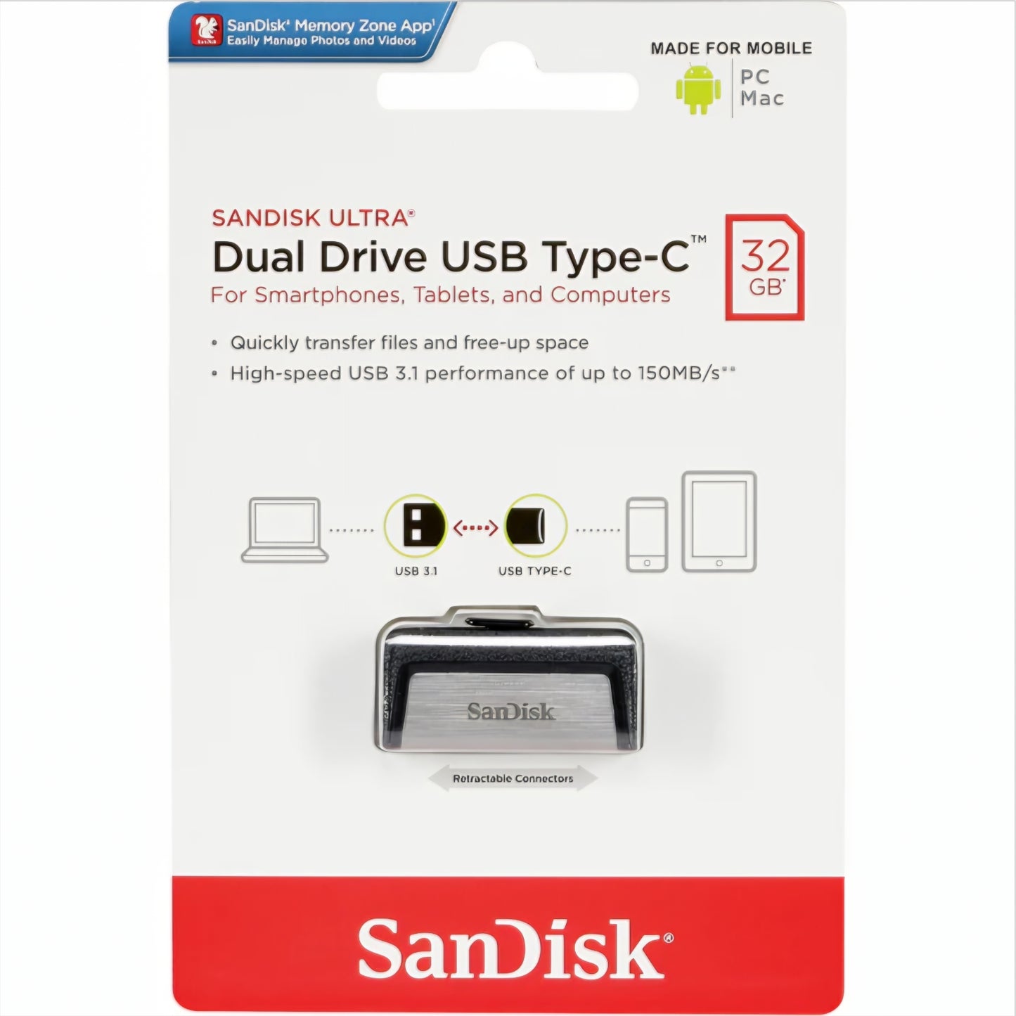 External Memory USB-A 3.1 / USB-C SanDisk Ultra Dual Drive, 32Gb SDDDC2-032G-G46