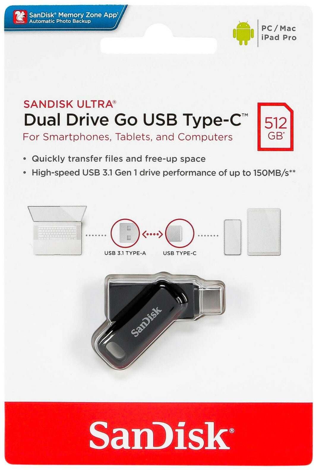 External Memory USB-A 3.2 / USB-C SanDisk Ultra Dual Go, 512GB SDDDC3-512G-G46
