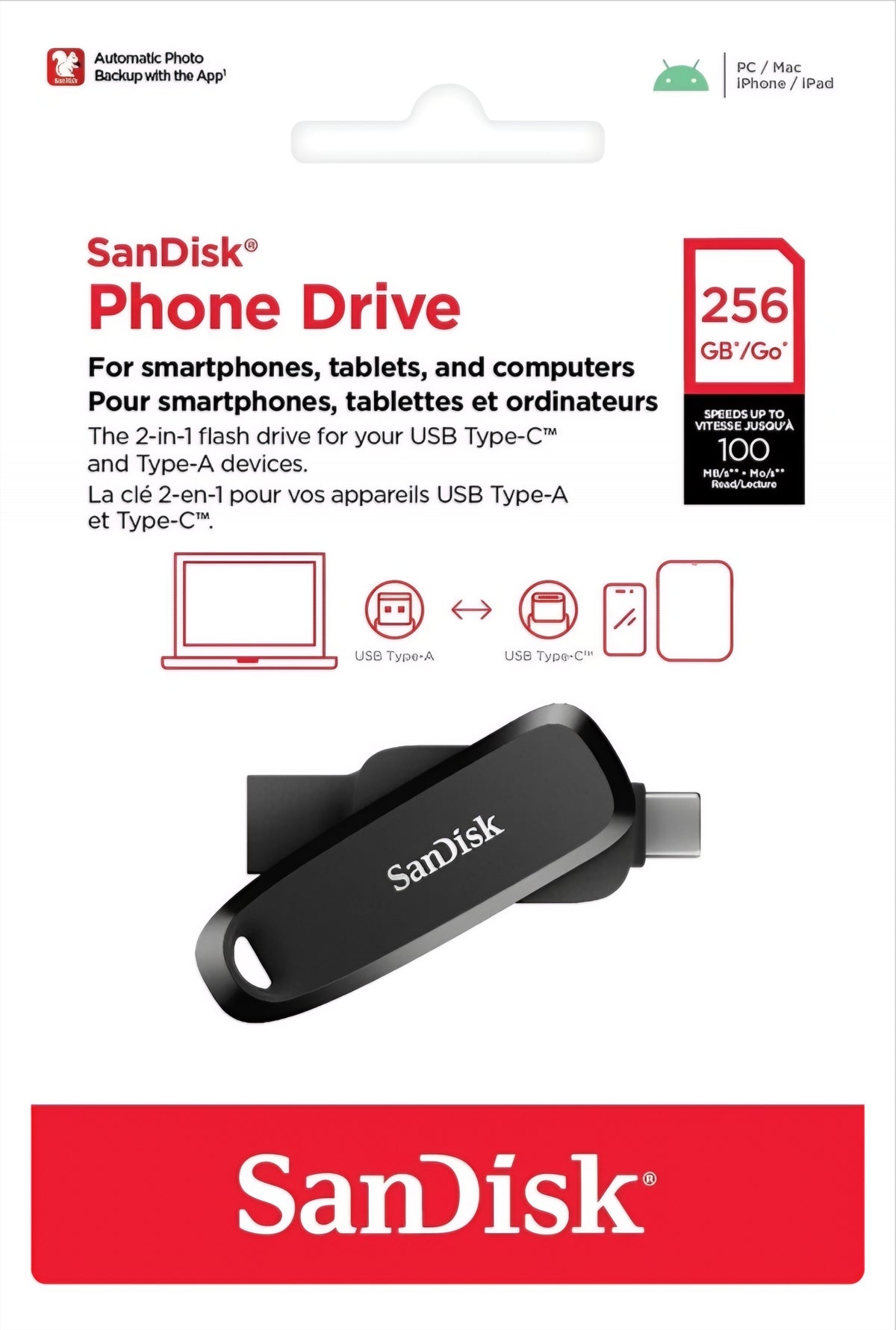 External Memory USB-A 3.2 / USB-C SanDisk Phone Drive, 256Gb SDDDC6-256G-G46