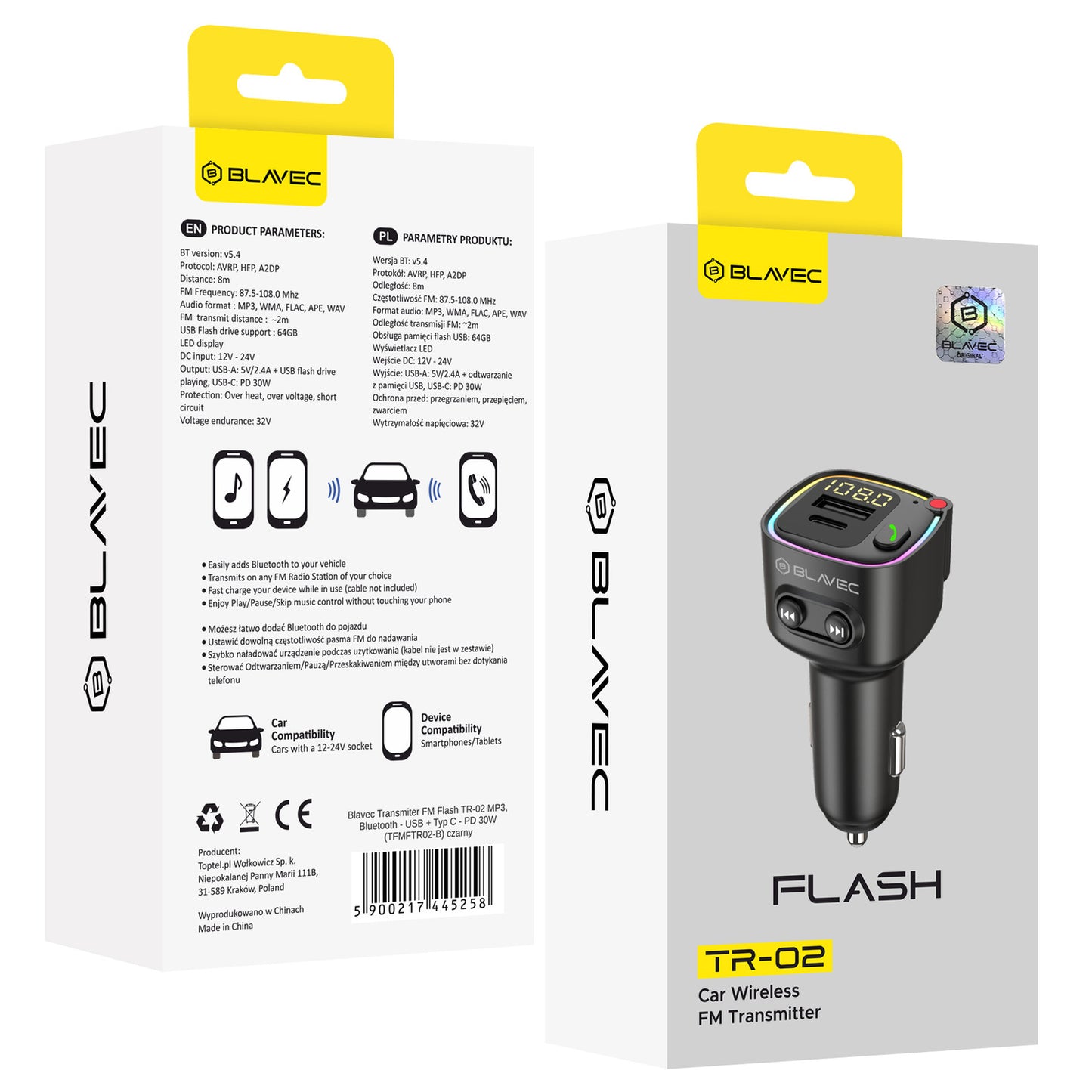 Blavec Flash TR-02 Bluetooth FM Modulator, 1 x USB-A - 1 x USB-C