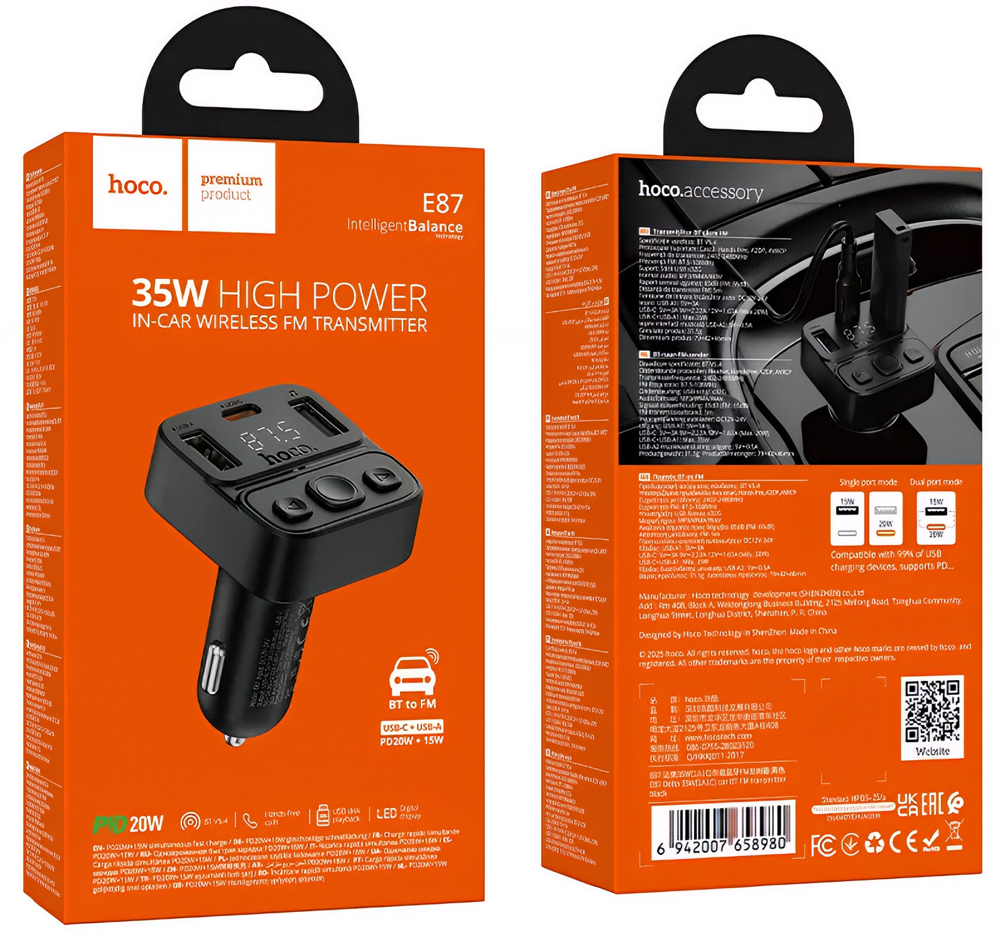 HOCO E87 Bluetooth FM Modulator, 2 x USB-A - 1 x USB-C