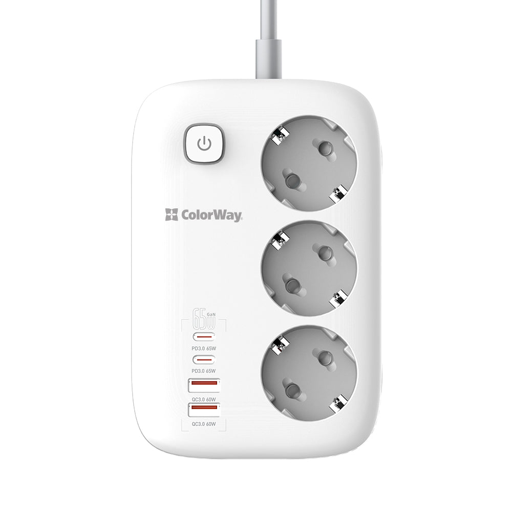 ColorWay Extension Cord, 3 x Schuko - 2 x USB-A - 2 x USB-C, White