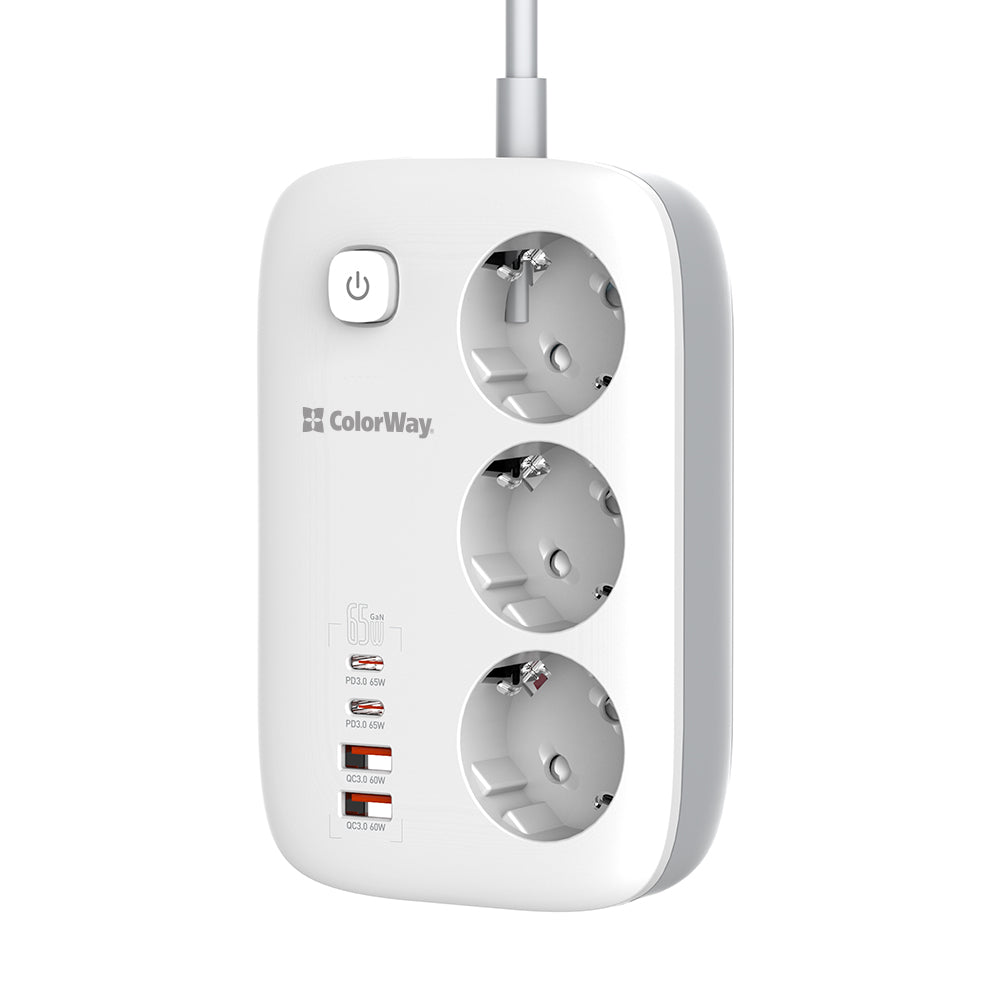 ColorWay Extension Cord, 3 x Schuko - 2 x USB-A - 2 x USB-C, White