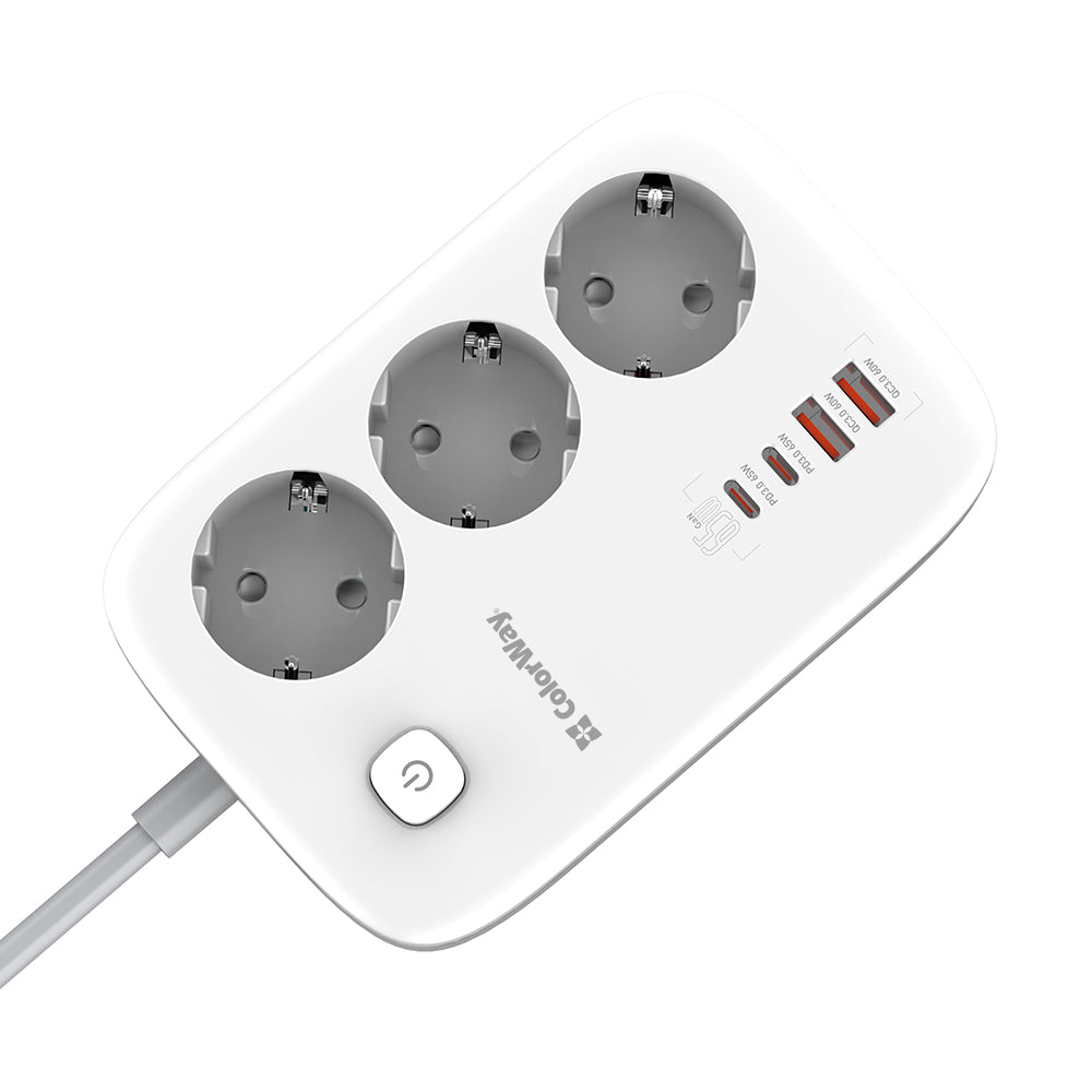 ColorWay Extension Cord, 3 x Schuko - 2 x USB-A - 2 x USB-C, White