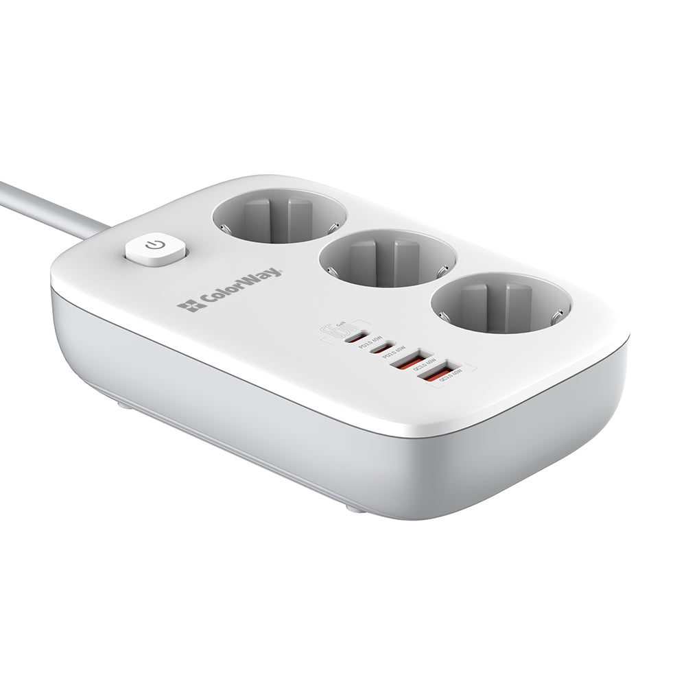 ColorWay Extension Cord, 3 x Schuko - 2 x USB-A - 2 x USB-C, White