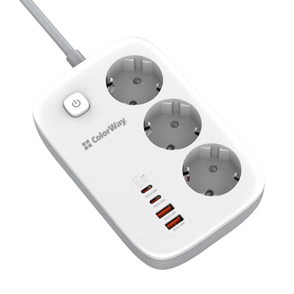 ColorWay Extension Cord, 3 x Schuko - 2 x USB-A - 2 x USB-C, White
