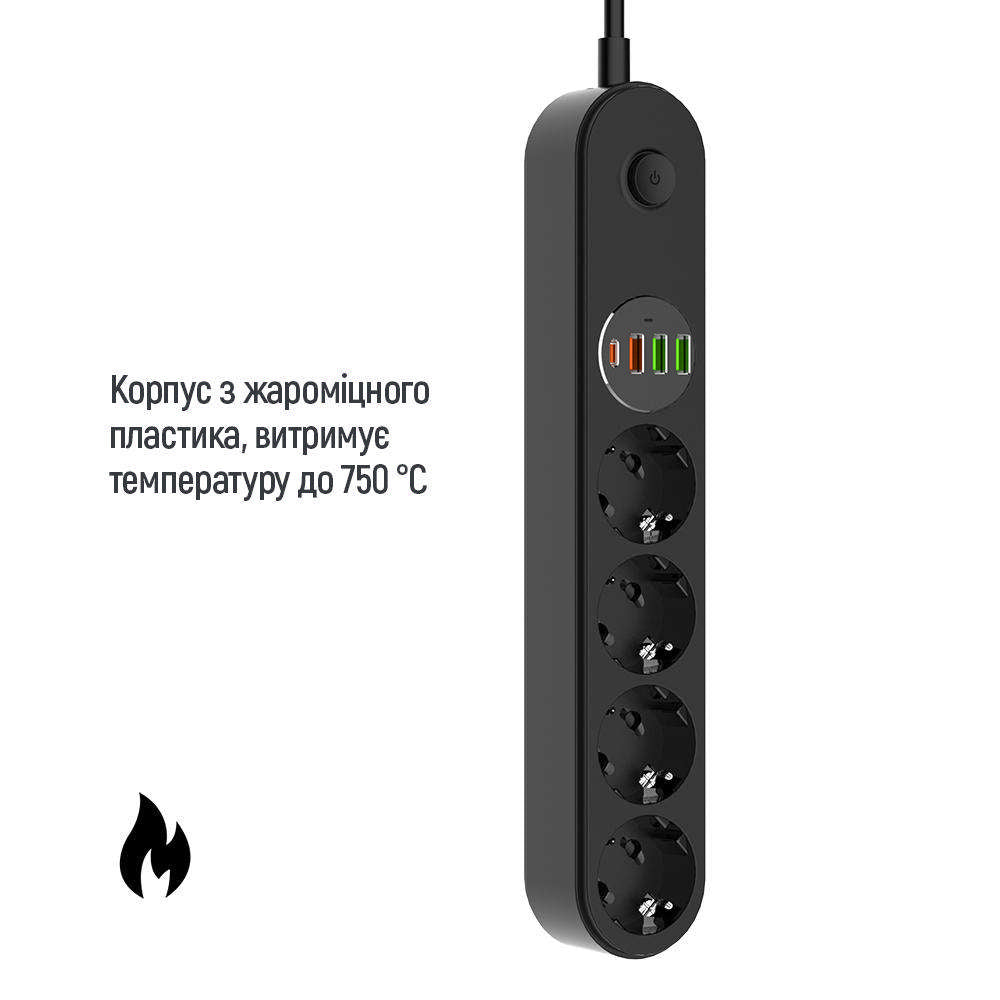 ColorWay Extension Cord, 4 x Schuko - 3 x USB-A - 1 x USB-C, Black